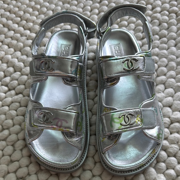 CHANEL Other - CHANEL Silver Sandals with Iconic CC Logo
